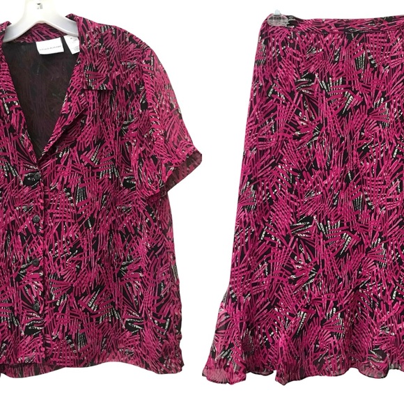 Alfred Dunner Dresses & Skirts - Alfred Dunner 2 Piece Black Puchsia Pink Print Blouse Top & midi Skirt Set 14 16